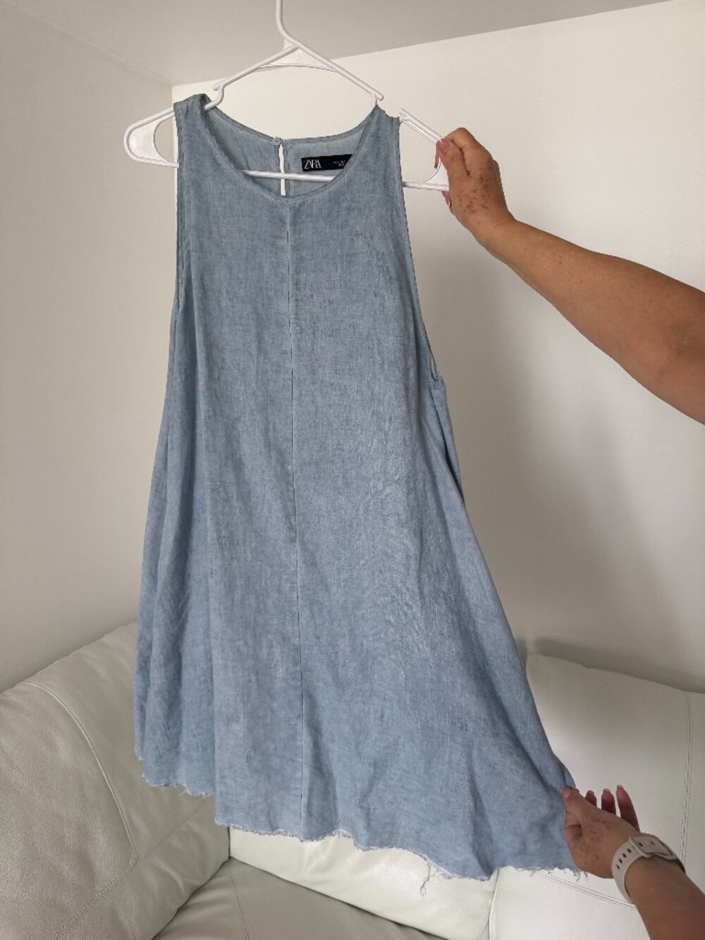 ZARA: Vela Chambray Light Blue Linen Dress raw him fray pockets